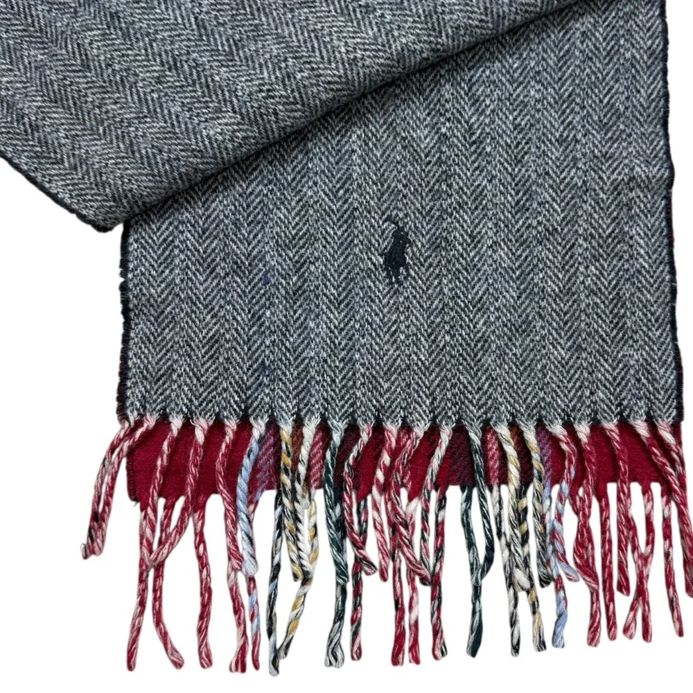 Polo Ralph Lauren 80% Lambswool Reversible Scarf Herringbone Tartan Plaid Fringe